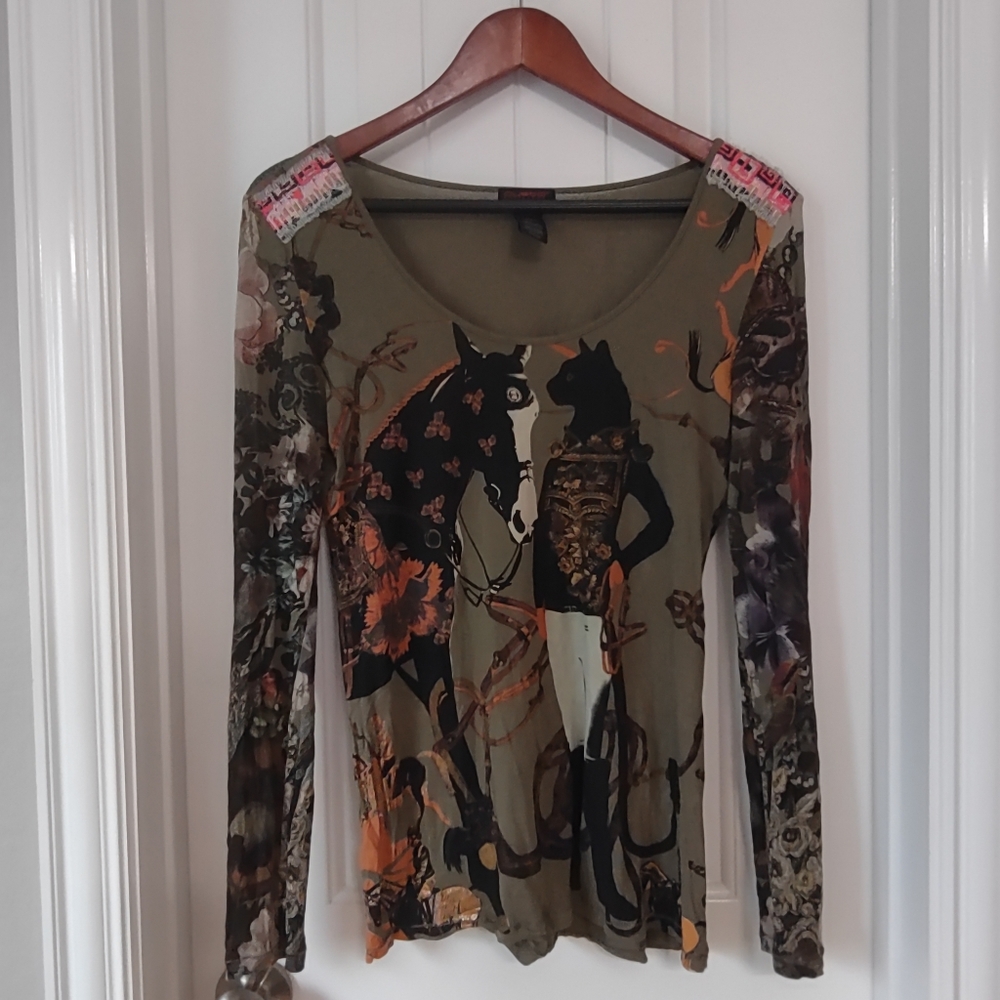 Sold on M Rare Vintage 90s Custo Barcelona Equestrian cat art blouse - Picture 1 of 5